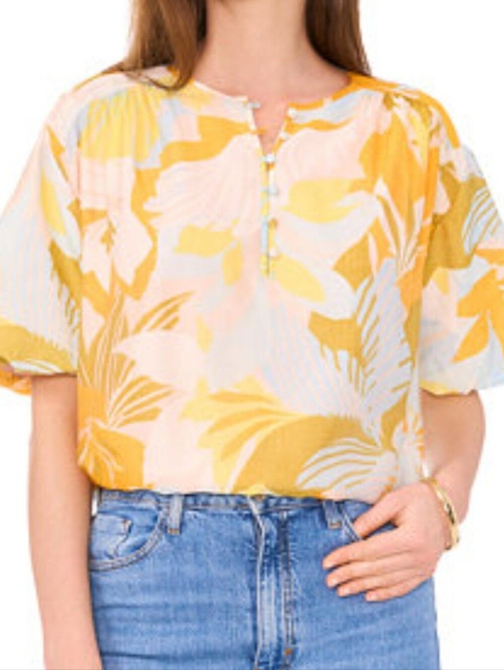 Nwt Vince Camuto Yellow & White Floral Print Puff Sleeve Pullover Top Sz